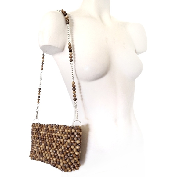 Vintage Small Wooden Bead Shoulder Bag Mid Century Retro 60s - Picture 1 of 8